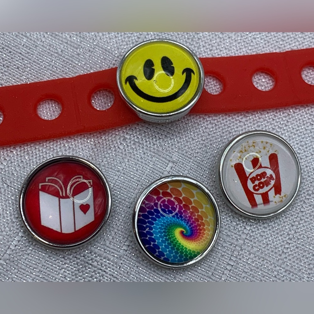 Red Silicone Snap Button Bracelet with 4 Charms -Smiley, Popcorn, Book & Tye Dye